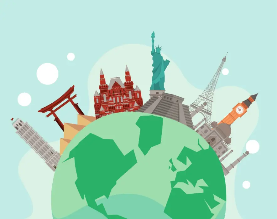 Illustrazione che mostra il mondo con sopra monumenti di città famose.