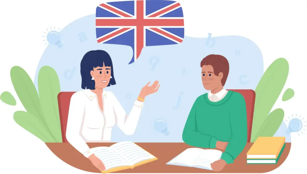 Illustrazione con due persone che parlano in inglese.