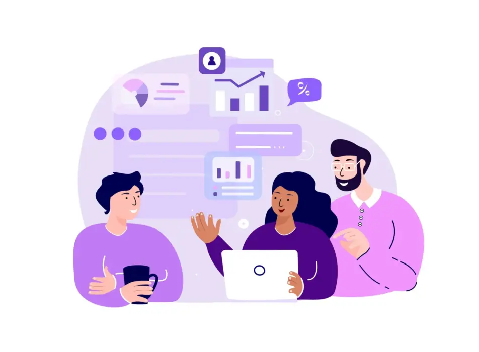 Tre persone collaborano intorno a un computer portatile, discutendo di analisi dei dati, con elementi visivi come tabelle e grafici sullo sfondo.