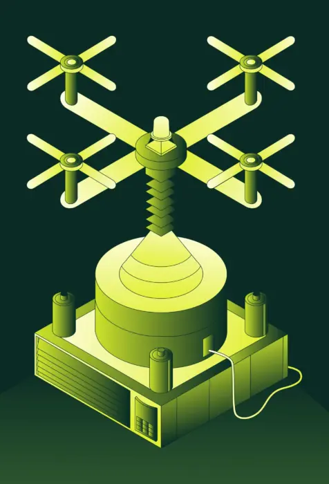 Un diagramma stilizzato di un drone verde con quattro eliche e una base a spirale su sfondo scuro