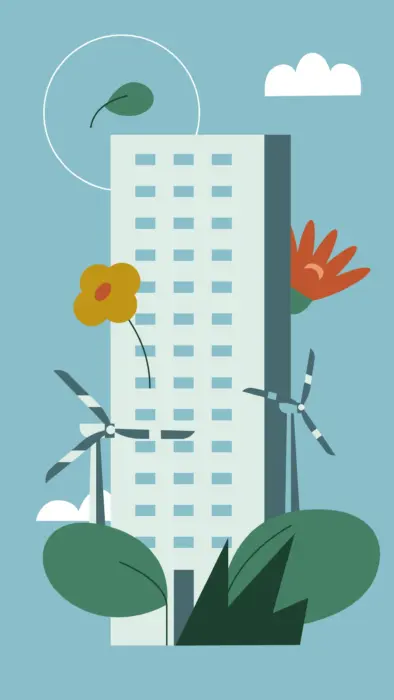 Illustrazione stilizzata di un edificio alto circondato da fiori, foglie verdi e turbine eoliche su uno sfondo azzurro.
