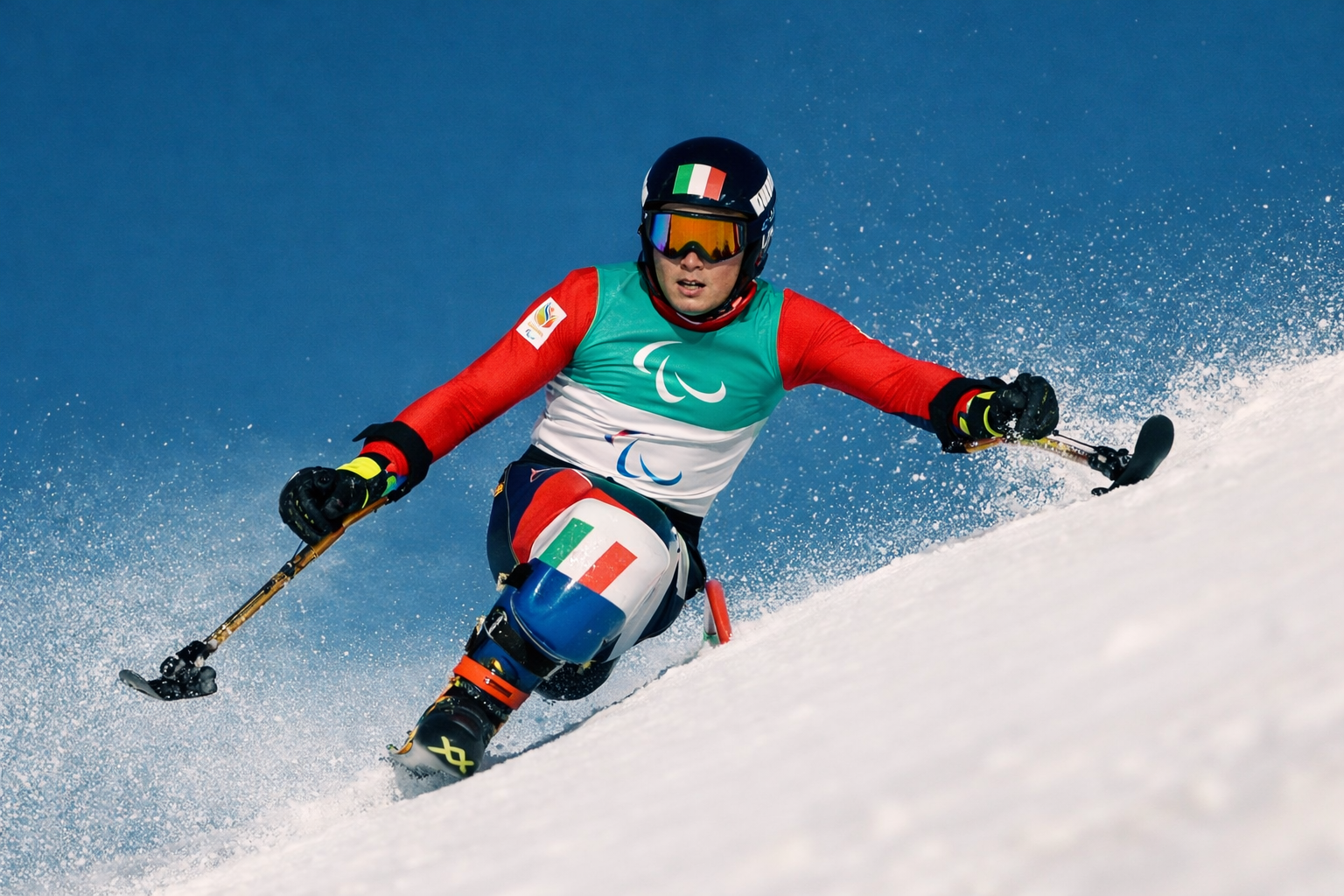 Paralympic athlete skis down the mountainside with great skill.
